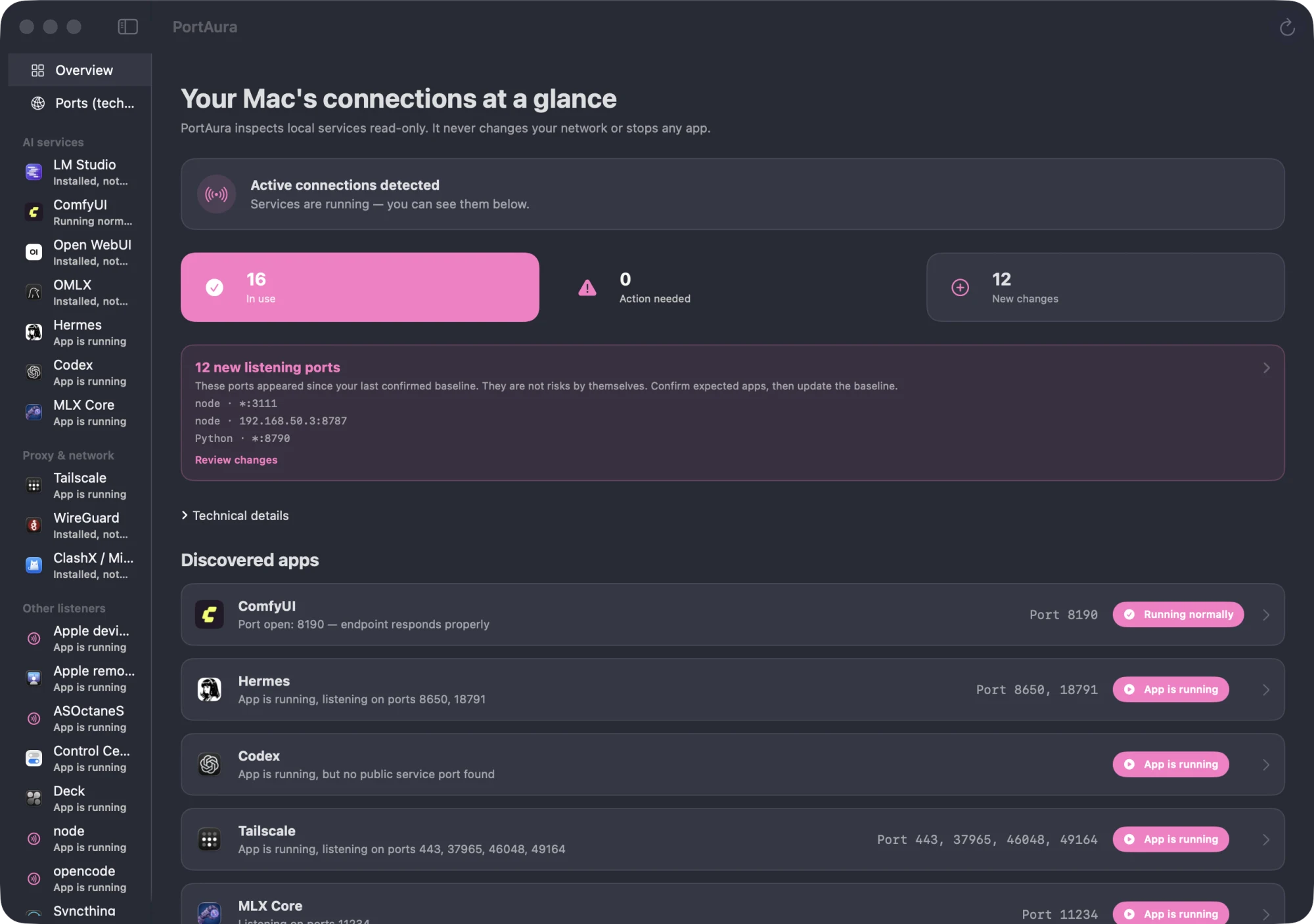 PortAura app window: an overview of listening ports, active local services, and baseline changes on macOS