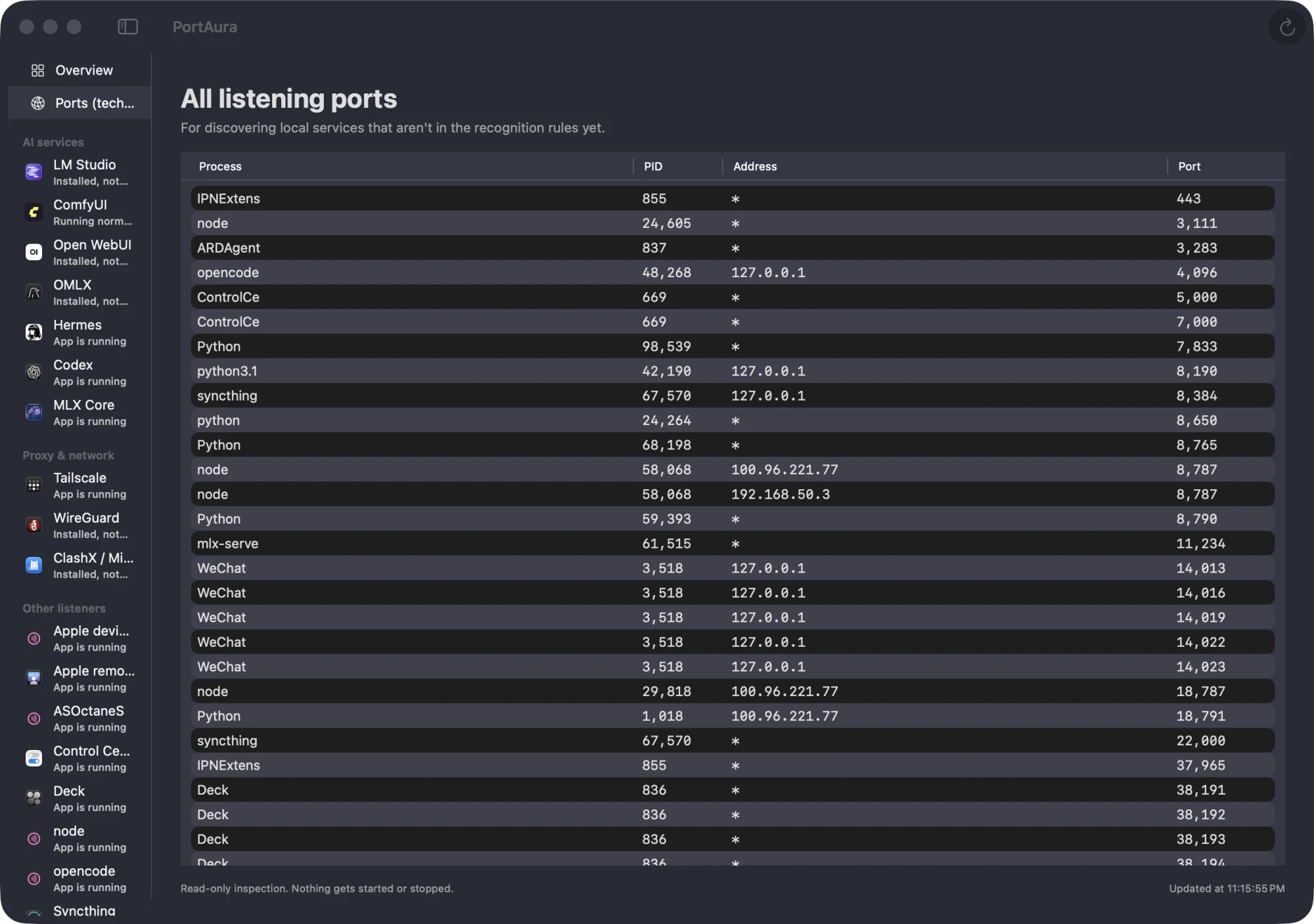 PortAura technical ports view listing every listening port with process, PID, and listen address
