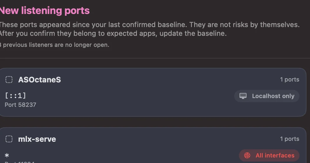 PortAura baseline review sheet: new listening ports since the last confirmed baseline